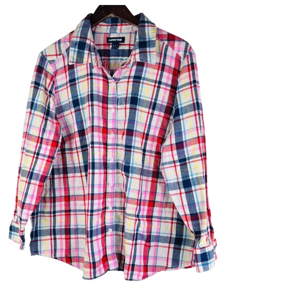 Lands' End Shirt Button Down Top Sz 2X 3X 20W 22W Flannel Plaid White Red Blue - Picture 2 of 4